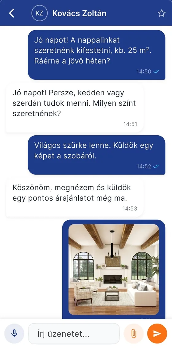 Chat az ügyfél és a szakember között, képmegosztással és hangüzenettel.