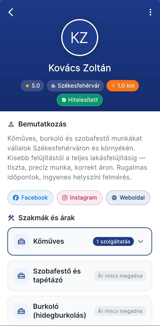 Szakember profilja: értékelés, város, távolság, hitelesítés, bemutatkozás, szakmák és árak.
