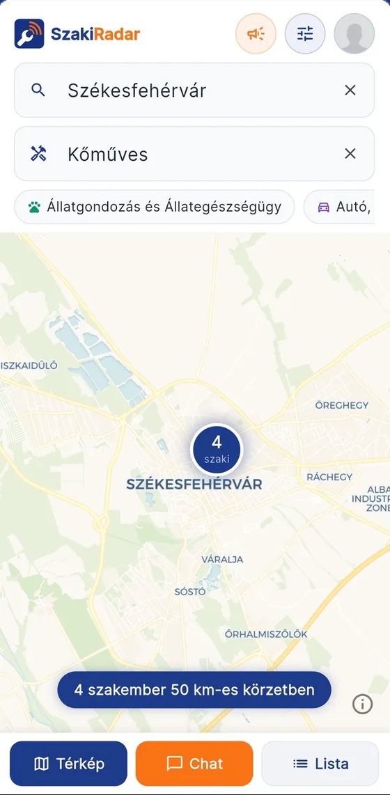 Térképes szakikeresés a SzakiRadar appban: Székesfehérvár, kőműves, 4 szakember 50 km-es körzetben.