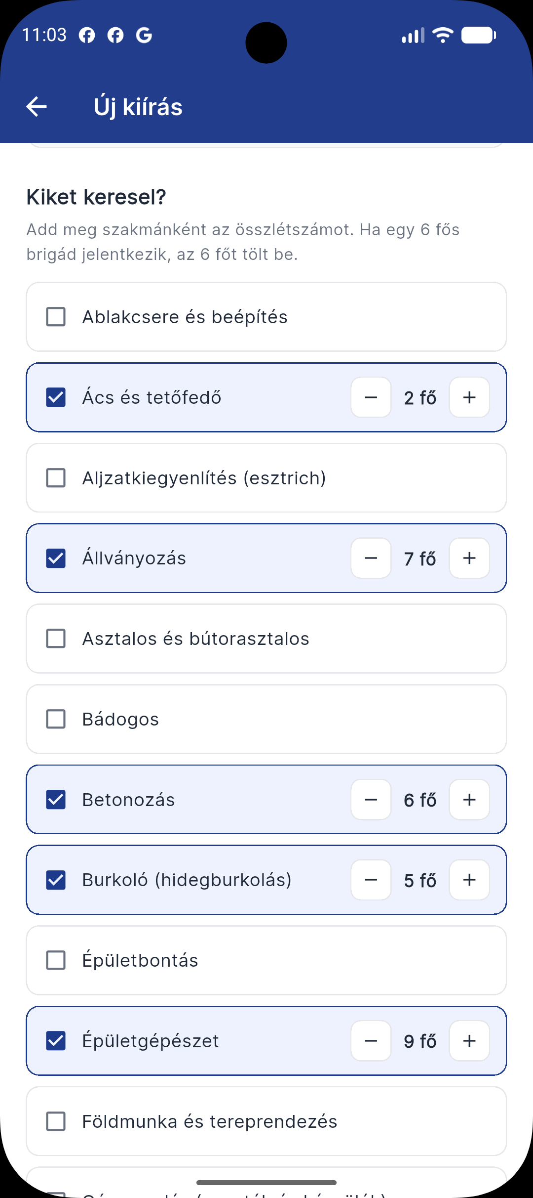 Kiírás feladása az appban: cím, helyszín, időszak, szakmánkénti létszám