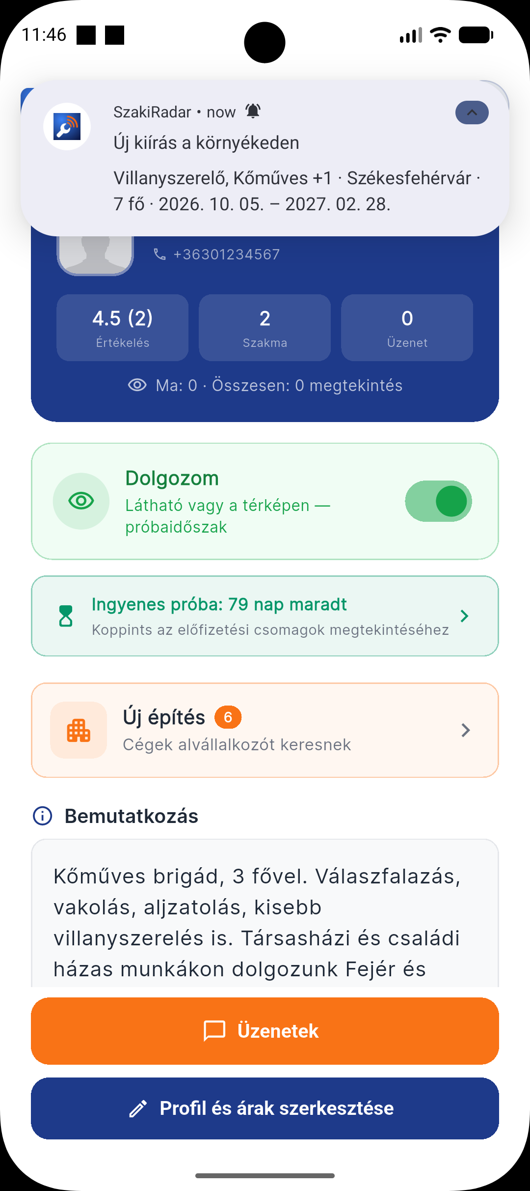 A szaki telefonján megjelenő push: Új kiírás a környékeden